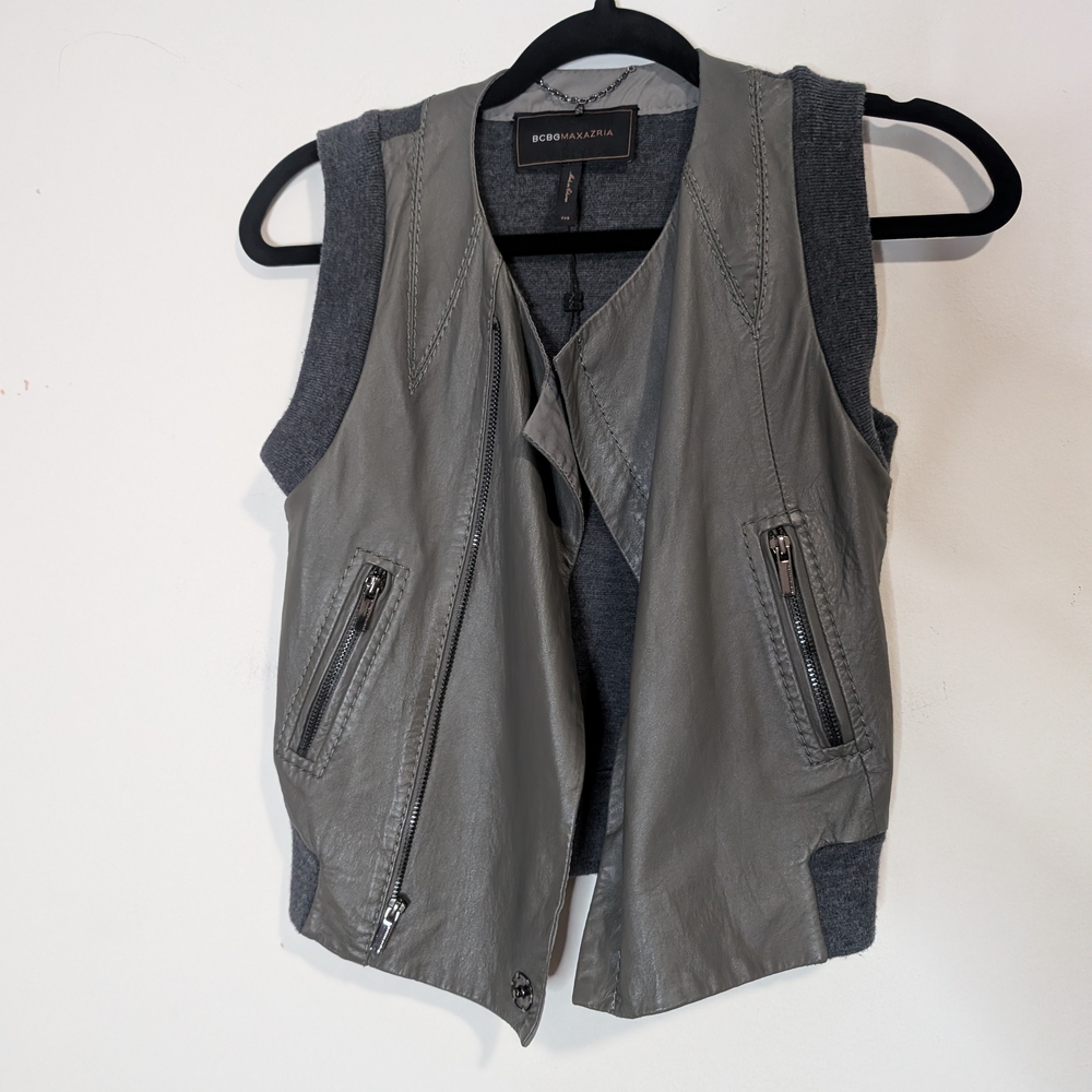 BCBGMaxAzria Gray Leather Vest with Zipper Accents